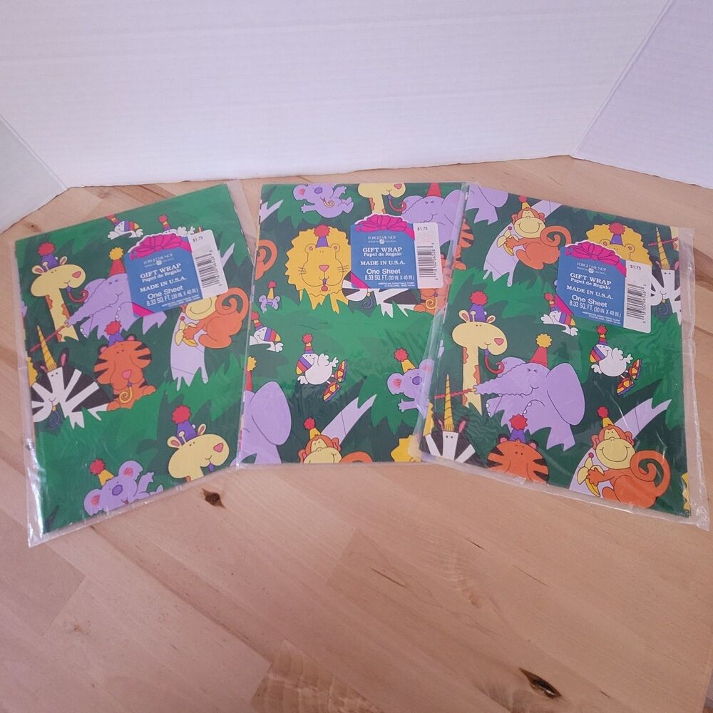 Vtg 90s American Greetings Zoo Animals Birthday Gift Wrap Wrapping Paper Monkey